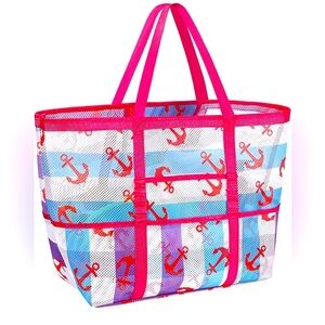 Mesh Beach Bag Tote Bag for Women, Foldable Swim Large Beach Tote Bag with Zippe